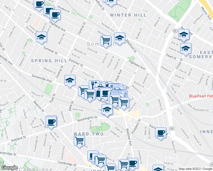 map of restaurants, bars, coffee shops, grocery stores, and more near Summer Street & Putnam Street in Somerville