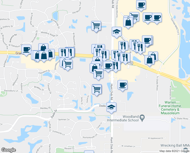 map of restaurants, bars, coffee shops, grocery stores, and more near 6601 Grand Avenue in Gurnee