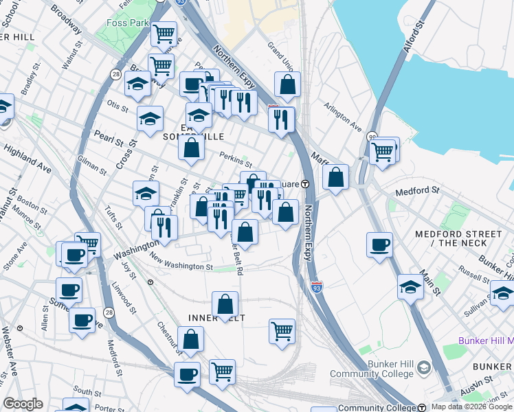 map of restaurants, bars, coffee shops, grocery stores, and more near 34 Crescent Street in Somerville