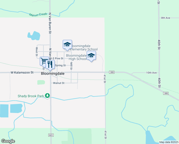 map of restaurants, bars, coffee shops, grocery stores, and more near 629 East Kalamazoo Street in Bloomingdale