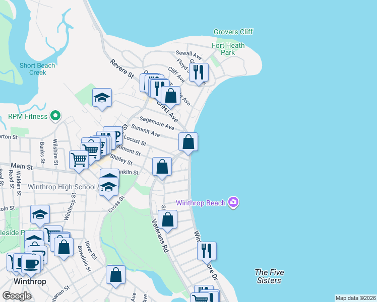 map of restaurants, bars, coffee shops, grocery stores, and more near 242 Winthrop Shore Drive in Winthrop