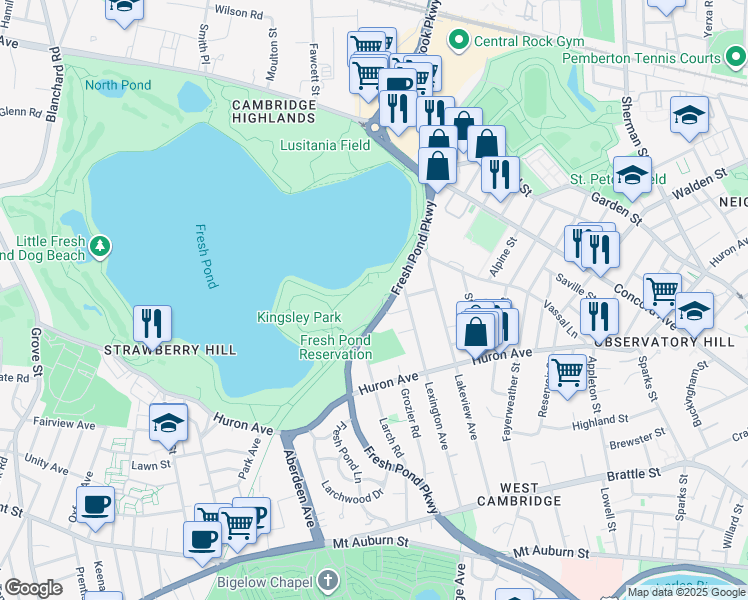 map of restaurants, bars, coffee shops, grocery stores, and more near 250 Fresh Pond Parkway in Cambridge