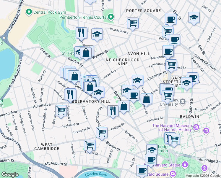 map of restaurants, bars, coffee shops, grocery stores, and more near 88 Garden Street in Cambridge