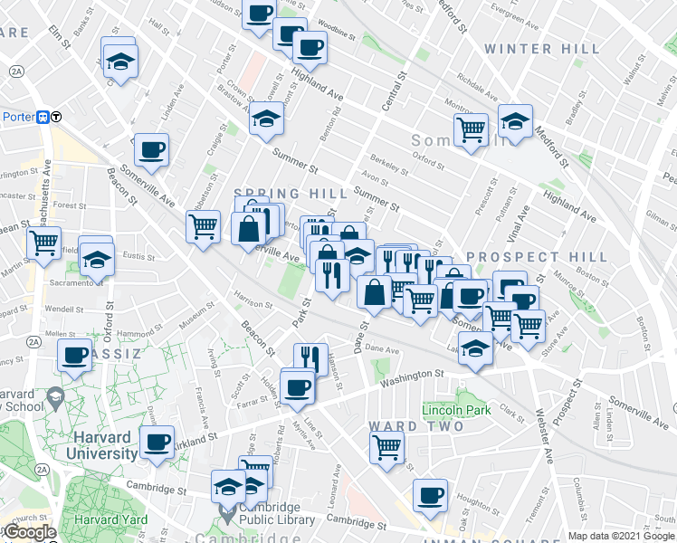 map of restaurants, bars, coffee shops, grocery stores, and more near Somerville Ave & Laurel St in Somerville