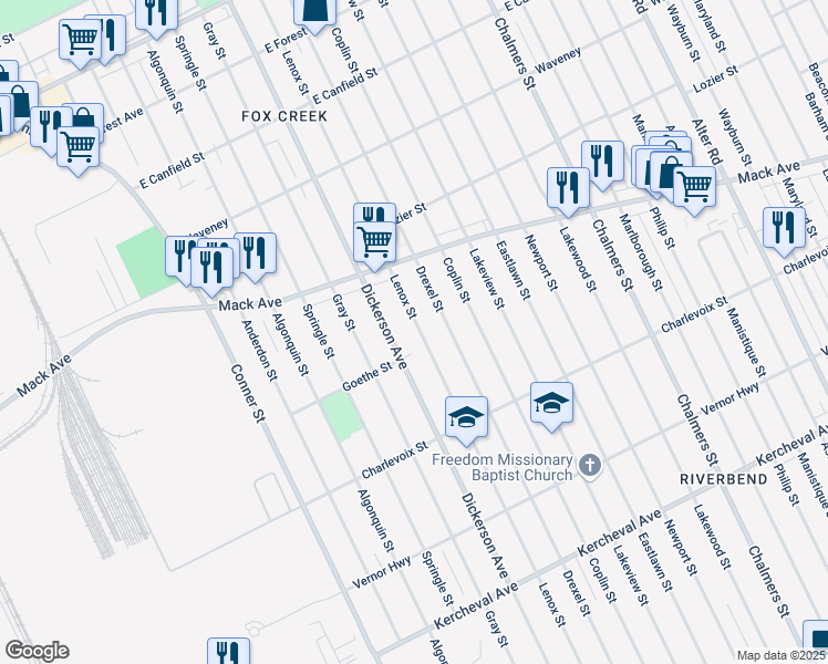 map of restaurants, bars, coffee shops, grocery stores, and more near 3424 Dickerson Avenue in Detroit