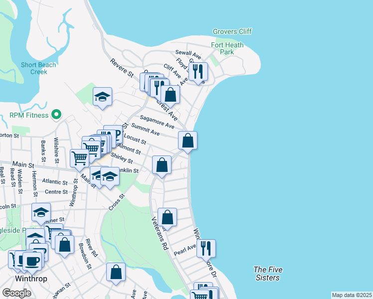 map of restaurants, bars, coffee shops, grocery stores, and more near 242 Winthrop Shore Drive in Winthrop