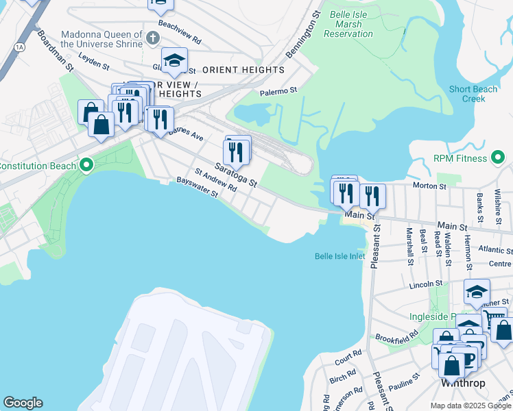 map of restaurants, bars, coffee shops, grocery stores, and more near 174 Bayswater Street in Boston