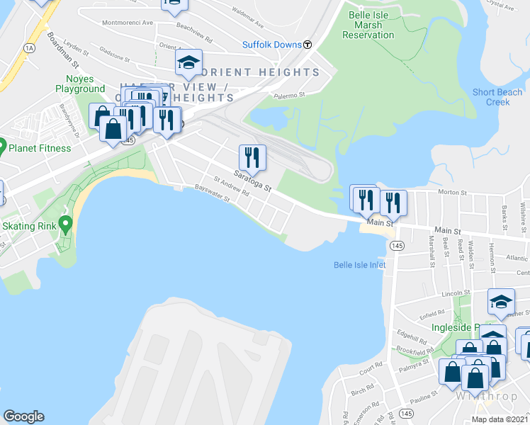 map of restaurants, bars, coffee shops, grocery stores, and more near 174 Bayswater Street in Boston