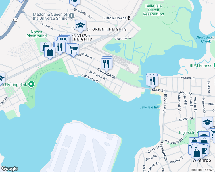 map of restaurants, bars, coffee shops, grocery stores, and more near 150 Bayswater Street in Boston