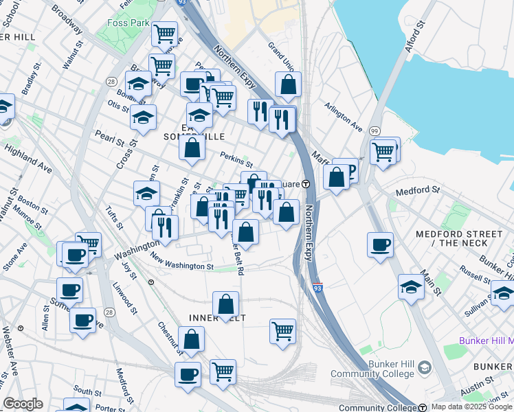 map of restaurants, bars, coffee shops, grocery stores, and more near 125 Cambridge Street in Boston