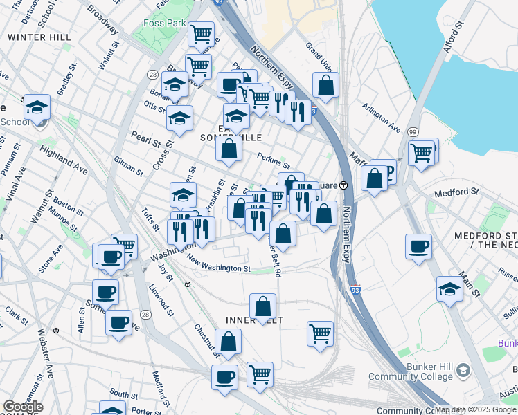 map of restaurants, bars, coffee shops, grocery stores, and more near 89 Mount Vernon Street in Somerville