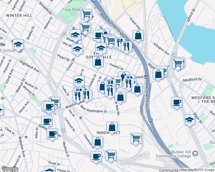 map of restaurants, bars, coffee shops, grocery stores, and more near 89 Mount Vernon Street in Somerville