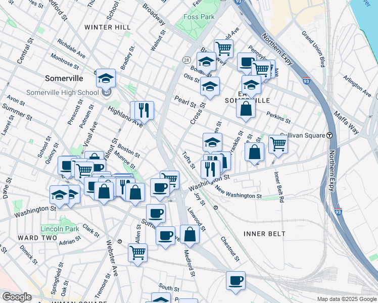 map of restaurants, bars, coffee shops, grocery stores, and more near 60 Tufts Street in Somerville