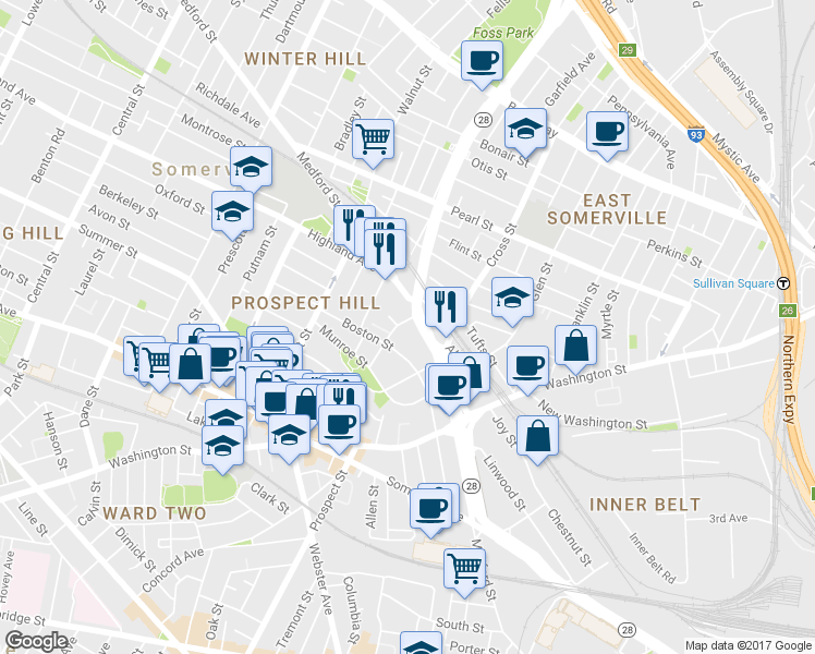 map of restaurants, bars, coffee shops, grocery stores, and more near 53 Boston Street in Somerville