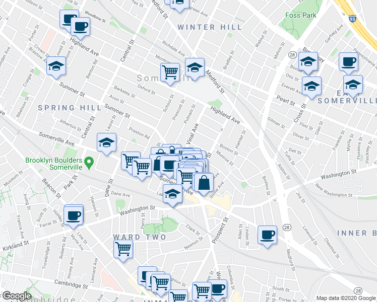 map of restaurants, bars, coffee shops, grocery stores, and more near 16 Hillside Park in Somerville