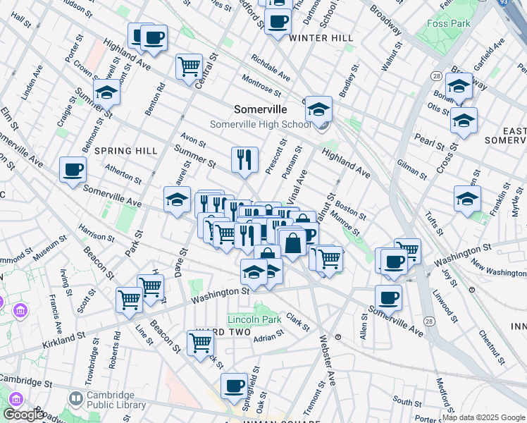 map of restaurants, bars, coffee shops, grocery stores, and more near 56 Church Street in Somerville