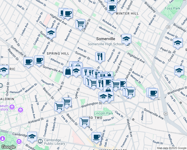 map of restaurants, bars, coffee shops, grocery stores, and more near in Somerville