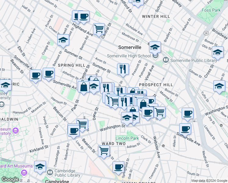 map of restaurants, bars, coffee shops, grocery stores, and more near in Somerville