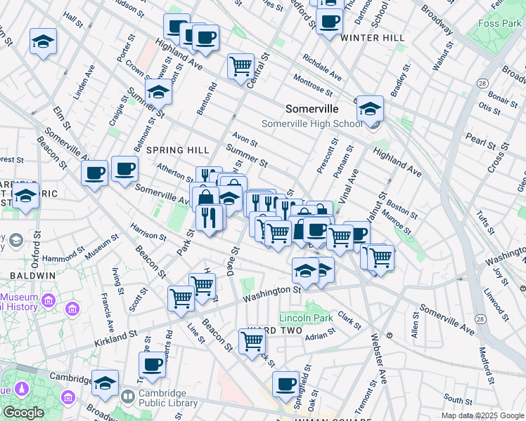 map of restaurants, bars, coffee shops, grocery stores, and more near 460 Somerville Avenue in Somerville