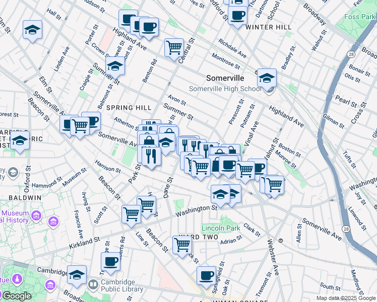 map of restaurants, bars, coffee shops, grocery stores, and more near 460 Somerville Avenue in Somerville