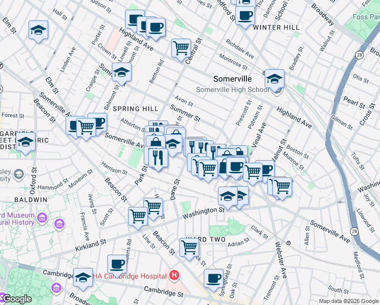 map of restaurants, bars, coffee shops, grocery stores, and more near 460 Somerville Avenue in Somerville