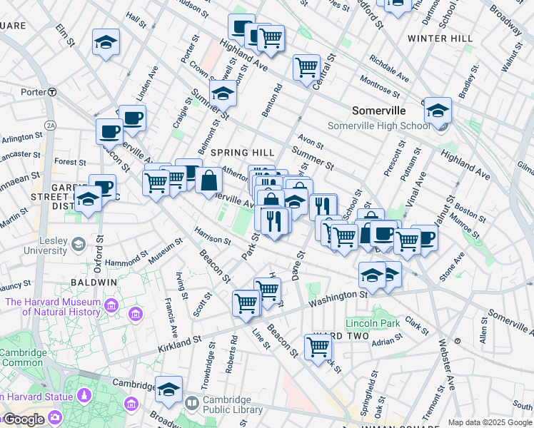 map of restaurants, bars, coffee shops, grocery stores, and more near 14 Park Street in Somerville
