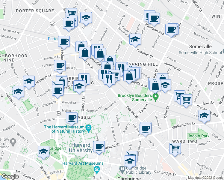 map of restaurants, bars, coffee shops, grocery stores, and more near 248 Beacon Street in Somerville