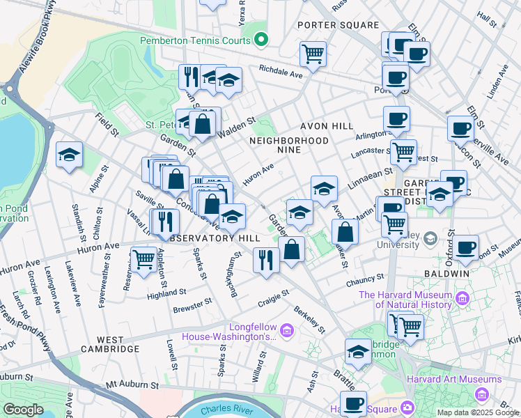 map of restaurants, bars, coffee shops, grocery stores, and more near 28 Madison Street in Cambridge