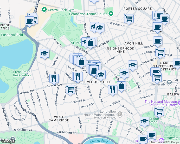 map of restaurants, bars, coffee shops, grocery stores, and more near in Cambridge