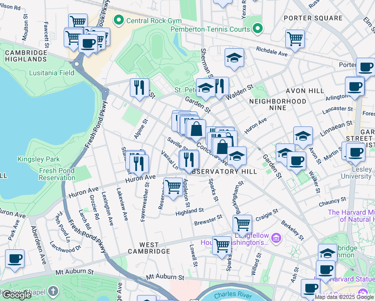 map of restaurants, bars, coffee shops, grocery stores, and more near 19 Hutchinson Street in Cambridge
