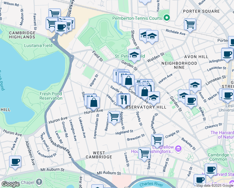 map of restaurants, bars, coffee shops, grocery stores, and more near 19 Hutchinson Street in Cambridge