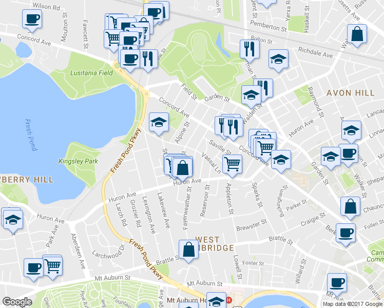 map of restaurants, bars, coffee shops, grocery stores, and more near 101 Fayerweather Street in Cambridge