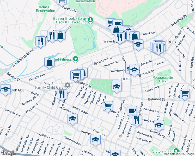 map of restaurants, bars, coffee shops, grocery stores, and more near 109 Holt Street in Watertown
