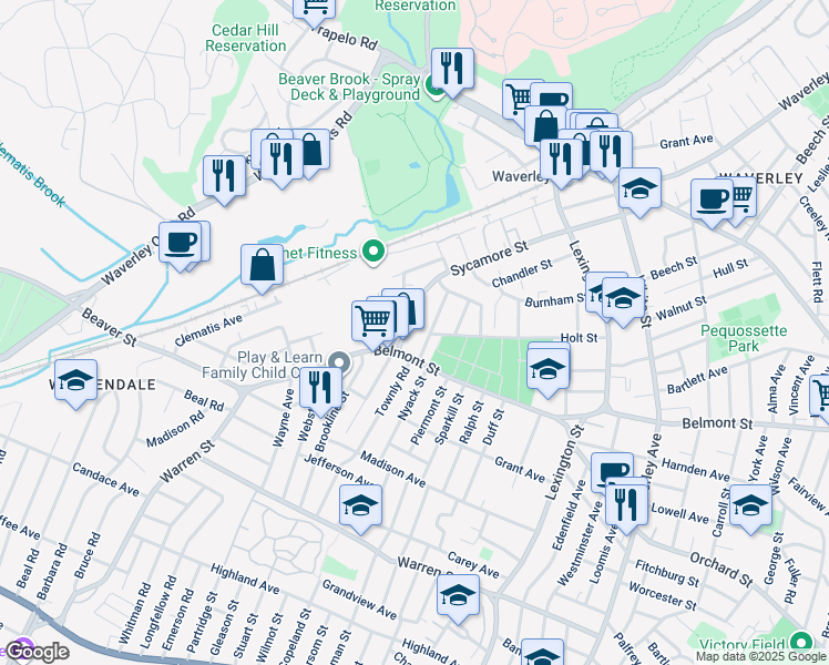 map of restaurants, bars, coffee shops, grocery stores, and more near 15 Harrington Street in Watertown