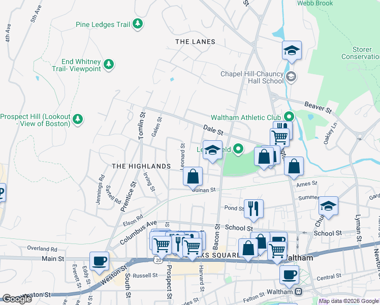 map of restaurants, bars, coffee shops, grocery stores, and more near 16 Leonard Street in Waltham