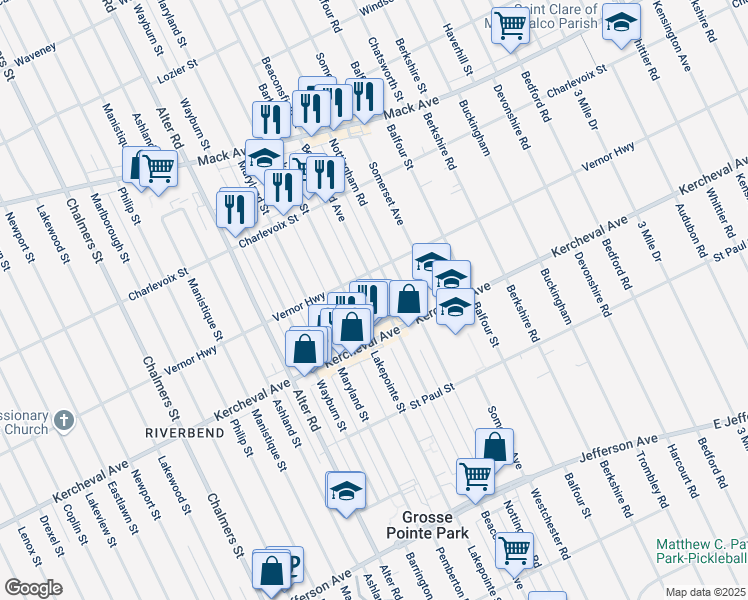 map of restaurants, bars, coffee shops, grocery stores, and more near 1219 Beaconsfield Avenue in Grosse Pointe Park