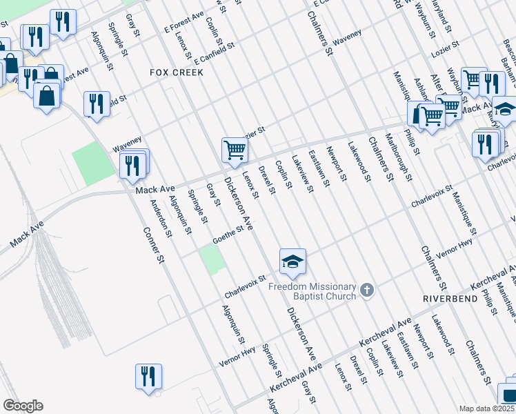 map of restaurants, bars, coffee shops, grocery stores, and more near 3424 Dickerson Avenue in Detroit