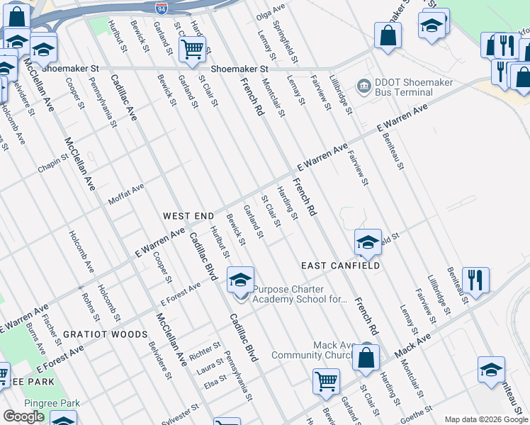 map of restaurants, bars, coffee shops, grocery stores, and more near 4763 Saint Clair Street in Detroit