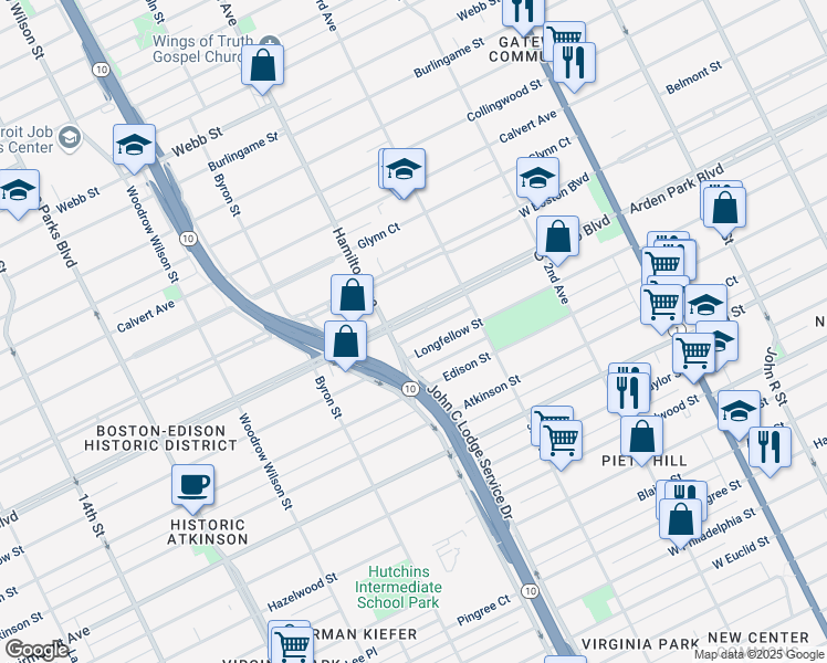 map of restaurants, bars, coffee shops, grocery stores, and more near 958 Longfellow Street in Detroit