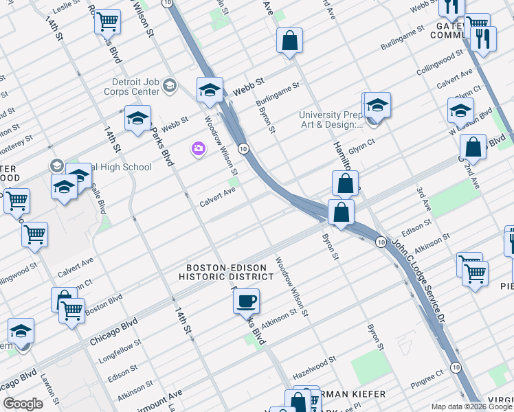 map of restaurants, bars, coffee shops, grocery stores, and more near 1600 West Boston Boulevard in Detroit