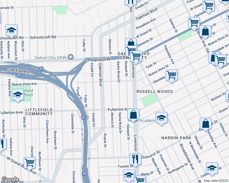 map of restaurants, bars, coffee shops, grocery stores, and more near 12695 Santa Rosa Drive in Detroit