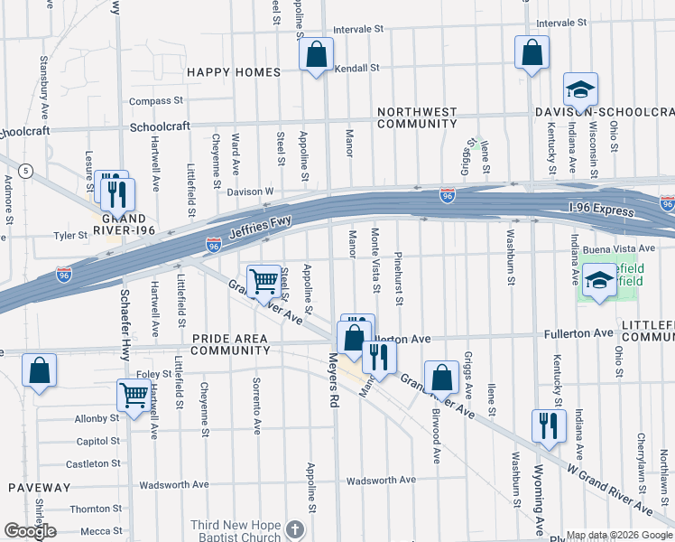 map of restaurants, bars, coffee shops, grocery stores, and more near 12739 Manor in Detroit