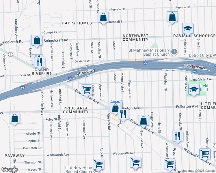map of restaurants, bars, coffee shops, grocery stores, and more near 12741 Meyers Road in Detroit