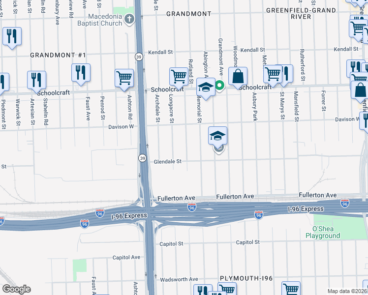 map of restaurants, bars, coffee shops, grocery stores, and more near 12817 Rutland Street in Detroit