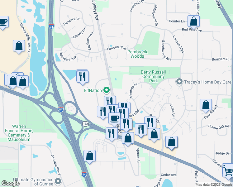 map of restaurants, bars, coffee shops, grocery stores, and more near 1577 North Dilleys Road in Gurnee