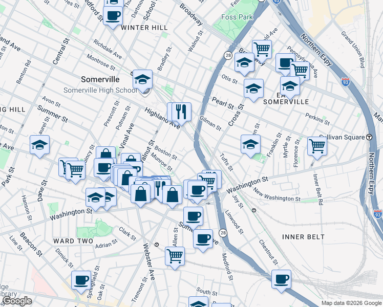 map of restaurants, bars, coffee shops, grocery stores, and more near 53 Boston Street in Somerville