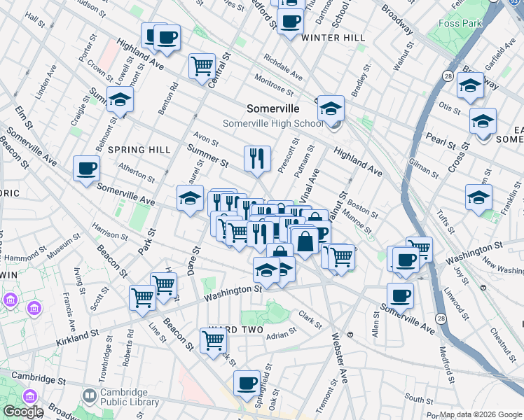 map of restaurants, bars, coffee shops, grocery stores, and more near 56 Church Street in Somerville