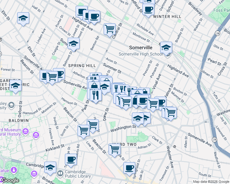 map of restaurants, bars, coffee shops, grocery stores, and more near 460 Somerville Avenue in Somerville