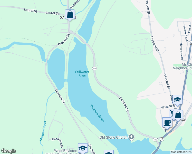map of restaurants, bars, coffee shops, grocery stores, and more near 180 Beaman Street in West Boylston
