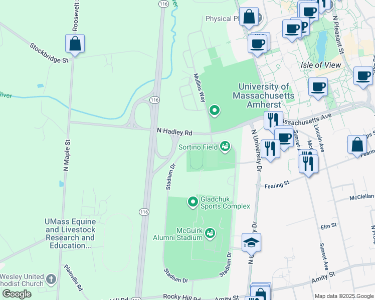 map of restaurants, bars, coffee shops, grocery stores, and more near Stadium Drive in Amherst